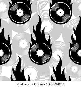 Seamless pattern with retro vintage vinyl record icons and flames. Vector illustration. Ideal for wallpaper, covers, wrapper, packaging, fabric design and any kind of decoration.