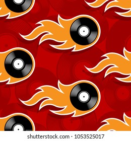 Seamless pattern with retro vintage vinyl record icons and flames. Vector illustration. Ideal for wallpaper, covers, wrapper, packaging, fabric design and any kind of decoration.