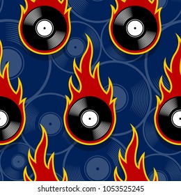 Seamless pattern with retro vintage vinyl record icons and flames. Vector illustration. Ideal for wallpaper, covers, wrapper, packaging, fabric design and any kind of decoration.