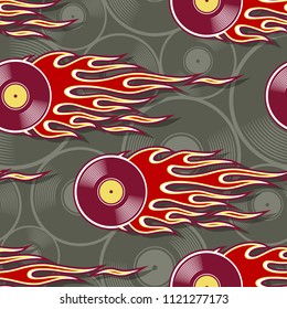 Seamless pattern with retro vintage vinyl record icon and hot rod flame. Digital vector illustration. Ideal for wallpaper packaging fabric textile wrapping paper design.