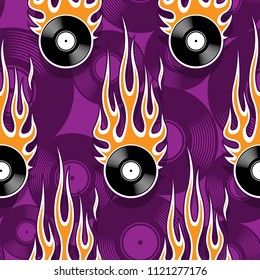 Seamless pattern with retro vintage vinyl record icon and hot rod flame. Digital vector illustration. Ideal for wallpaper packaging fabric textile wrapping paper design.