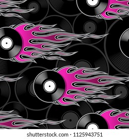 Seamless pattern with retro vintage vinyl record icon and hot rod flame. Digital vector illustration. Ideal for wallpaper packaging fabric textile wrapping paper design.