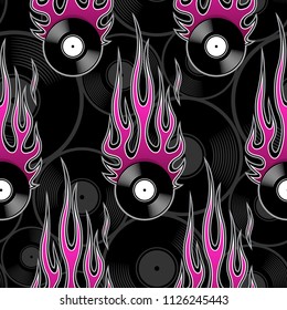 Seamless pattern with retro vintage vinyl record icon and hot rod flame. Digital vector illustration. Ideal for wallpaper packaging fabric textile wrapping paper design.