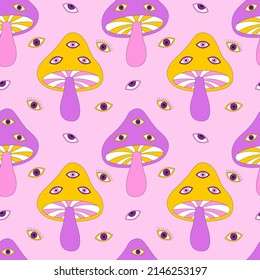 Seamless pattern with retro vintage weird psychedelic mushrooms with eyes. Doodle elements. Excellent for youth textiles, packaging paper. Color vector illustrations on a pink background