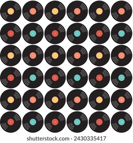 Patrón sin fisuras con discos de vinilo retro. Vector de fondo estilo plano mínimo. 