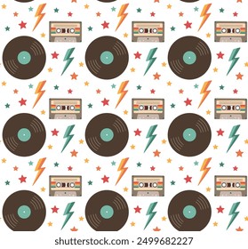 Nahtloses Muster mit Retro-Vinyl-Schallplatten und Kassetten. Vektor bunter Hintergrund mit Vintage-Objekte.	