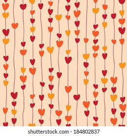 Seamless pattern retro warm colors of stylized hearts on threads