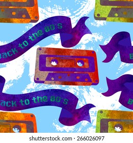 Seamless pattern - retro watercolor audiocassette. Beautiful paint texture.