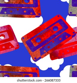Seamless pattern - retro watercolor audiocassette. Beautiful paint texture.