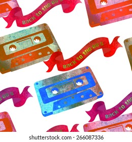 Seamless pattern - retro watercolor audiocassette. Beautiful paint texture.