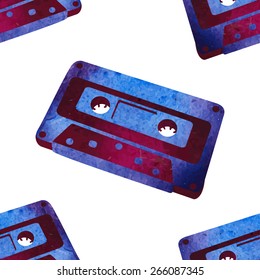 Seamless pattern - retro watercolor audiocassette. Beautiful paint texture.