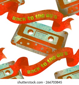 Seamless pattern - retro watercolor audiocassette. Beautiful paint texture.