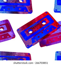 Seamless pattern - retro watercolor audiocassette. Beautiful paint texture.
