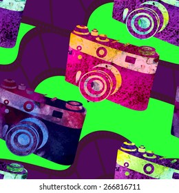 Seamless pattern - retro watercolor camera. Beautiful paint texture.