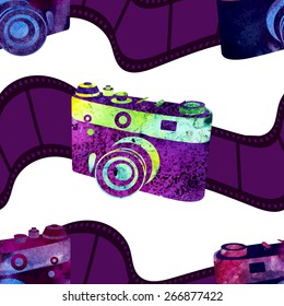 Seamless pattern - retro watercolor camera. Beautiful paint texture.