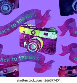 Seamless pattern - retro watercolor camera. Beautiful paint texture.