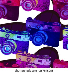 Seamless pattern - retro watercolor camera. Beautiful paint texture.