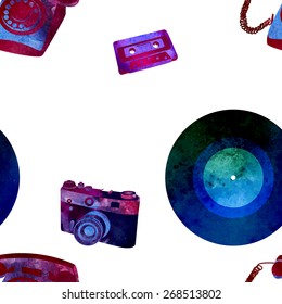Seamless pattern - retro watercolor objects. Beautiful paint texture.