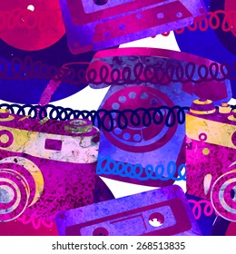 Seamless pattern - retro watercolor objects. Beautiful paint texture.