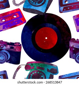 Seamless pattern - retro watercolor objects. Beautiful paint texture.