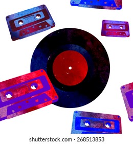 Seamless pattern - retro watercolor objects. Beautiful paint texture.