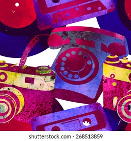 Seamless pattern - retro watercolor objects. Beautiful paint texture.