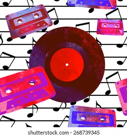 Seamless pattern - retro watercolor objects. Beautiful paint texture.