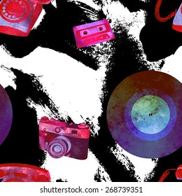 Seamless pattern - retro watercolor objects. Beautiful paint texture.