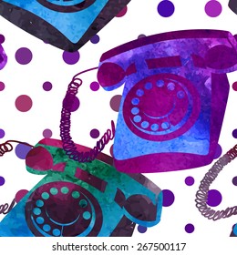 Seamless pattern - retro watercolor telephone. Beautiful paint texture.