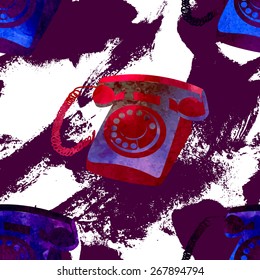 Seamless pattern - retro watercolor telephone. Beautiful paint texture.