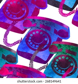 Seamless pattern - retro watercolor telephone. Beautiful paint texture.