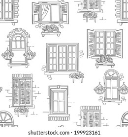 Seamless pattern of retro windows  on white background. Hand drawing illustration