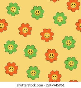 Seamless pattern retro y2k style colored with smiling flowers green and orange colors.