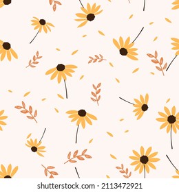 Seamless pattern with retro yellow daisy and branches on pastel background vector illustration. 