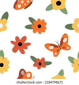 Seamless pattern with retro yellow flowers and butterflies, Digital paper with red flowers, Floral endless backgrounds, Groovy vector illustration clipart.