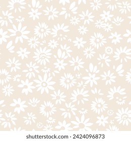 Seamless pattern of retro-style white flowers in vector format, suitable for clothes, fabrics, spider web patterns, wallpaper, packaging and all prints on a light beige background.