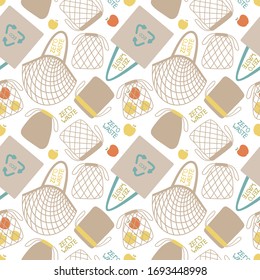 Seamless pattern with reusable cloth and string bags for fabric, packaging paper. Less plastic, zero waste, eco friendly, waste reduce, sustainable lifestyle concepts. Flat. Vector stock illustration.