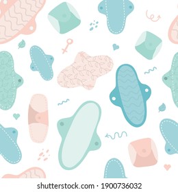 Seamless pattern with reusable menstrual cloth pads set. Feminine period hygiene product. Zero waste, plastic-free, period, menstruation concepts. Sustainable lifestyle. Flat. Vector illustration.
