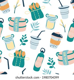 Seamless pattern with reusable products. Eco friendly wallpaper concept with recyclable and reusable products. Backdrop with zero waste lifestyle elements. No plastic. Vector flat background.