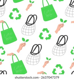 Seamless pattern of reusable shopping bags promoting plastic reduction in flat style on white background