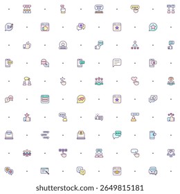 Nahtloses Muster mit Symbol für Review und Feedback auf weißem Hintergrund. Einschließlich der Symbole als Kunde, Bewertung, Sternenbewertung, Chat, Testimonials, Umfrage, Support, Kommunikation, Zeichen und andere Elemente.