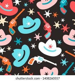 Seamless pattern with revolvers, cowboy hats and sheriff stars. Wild west children mood. Vector illustration.