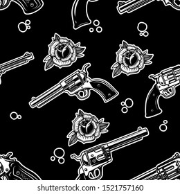 Seamless pattern with revolvers and roses. Design element for poster, card, banner, t shirt. Vector illustration