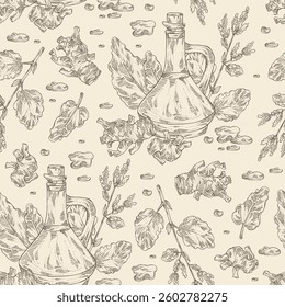 Seamless pattern with rheum officinale, chinese rhubarb and bottle of rheum oil. Vector hand drawn illustration.