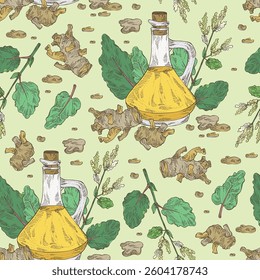 Seamless pattern with rheum officinale, chinese rhubarb and bottle of rheum oil. Vector hand drawn illustration.