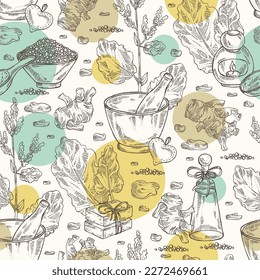 Seamless pattern with rheum officinale: rheum officinale plant, leaves and rheum officinale roots. Chinese rhubarb. Oil, soap and bath salt . Cosmetics and medical plant. Vector hand drawn
