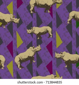 Seamless pattern with rhino and geometric shapes, vector illustration