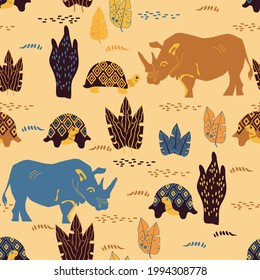 seamless pattern with rhino, turtle and  tropical leaves