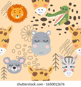 Seamless pattern with rhinoceros, crocodile. Creative bay animals background. Perfect for kids