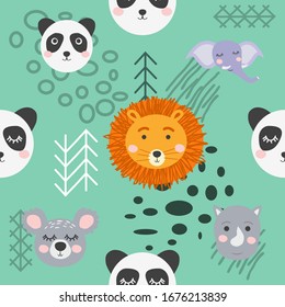 Seamless pattern with rhinoceros, elephant. Creative bay animals background. Perfect for kids